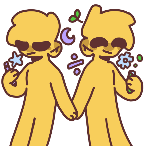 Two people holding hands, in one’s other hand they’re holding a pencil and the other’s holding a test tube. The one holding the test tube has a small sprout coming out of their head. The two are surrounded by several symbols including a star, crescent moon, division sign, and gear.